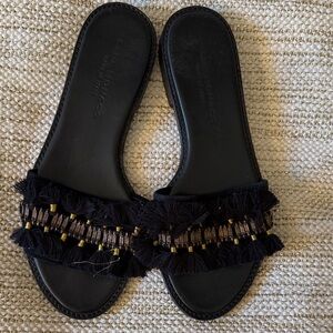 Club Monaco Black Tassel Slide Sandals with Bead Trim